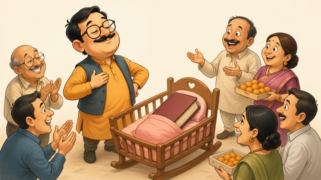 A humorous cartoon-style depiction of an author celebrating the “birth” of a book, with the book placed in a cradle like a newborn baby, surrounded by congratulating people.