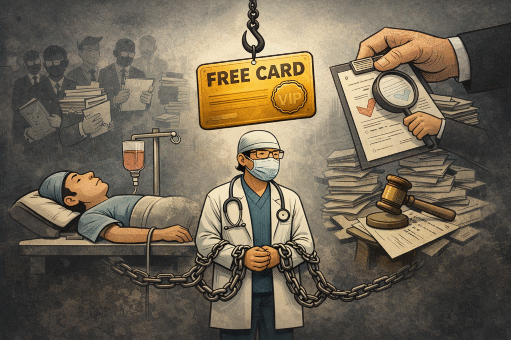 Minimalist cartoon caricature showing a doctor chained by bureaucracy, a patient lying helpless, and a symbolic card representing false promises of free healthcare.