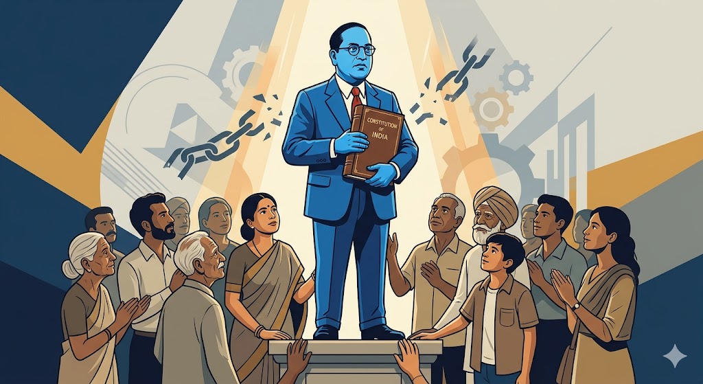 डॉ. भीमराव अंबेडकर संविधान की प्रति के साथ खड़े हैं, पृष्ठभूमि में सामाजिक समानता और न्याय का प्रतीकात्मक दृश्य, विभिन्न वर्गों के लोग एक साथ खड़े दिखाई दे रहे हैं।