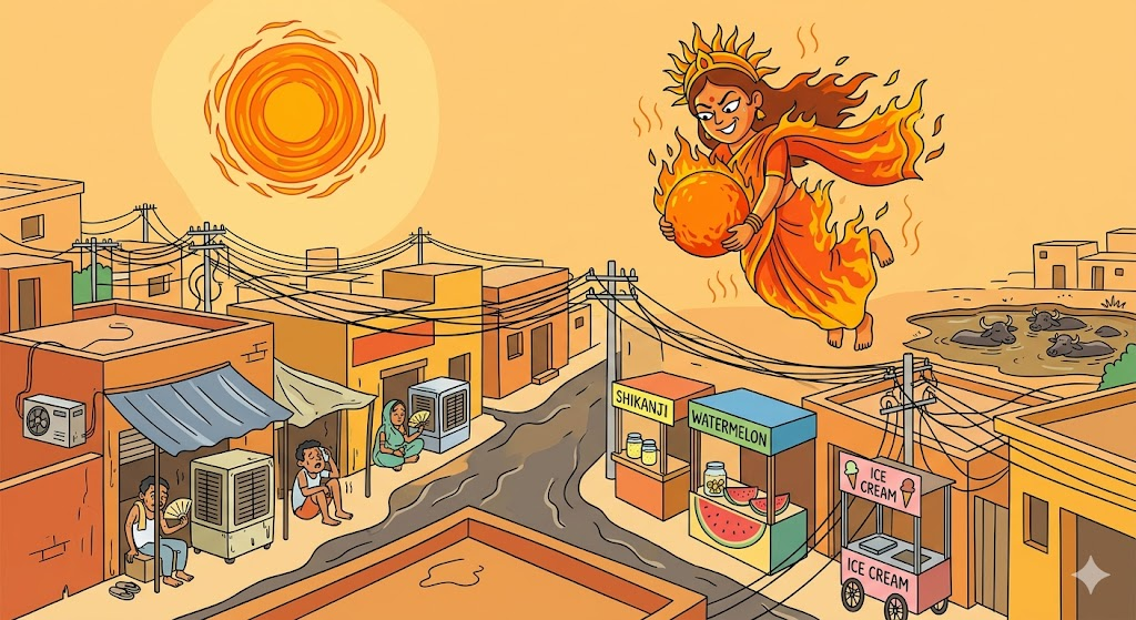 भारतीय शहर पर प्रचंड धूप बरसाती ग्रीष्म देवी का व्यंग्यात्मक कार्टून चित्र, जिसमें पिघलती सड़कें, गर्मी से बेहाल लोग, शीतल पेय विक्रेता, तरबूज और बिजली संकट का संकेत दिखाई दे रहा है।