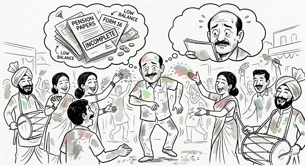 एक मंच पर खड़ा एक सेवानिवृत्त व्यक्ति, गले में फूलों की माला, चेहरे पर हल्की उलझन और खालीपन। पीछे ढोल वाले बजा रहे हैं और सामने दर्शक मोबाइल और बातचीत में व्यस्त हैं। यह दृश्य रिटायरमेंट समारोह की औपचारिकता और भीतर के भावनात्मक शून्य को दर्शाता है।