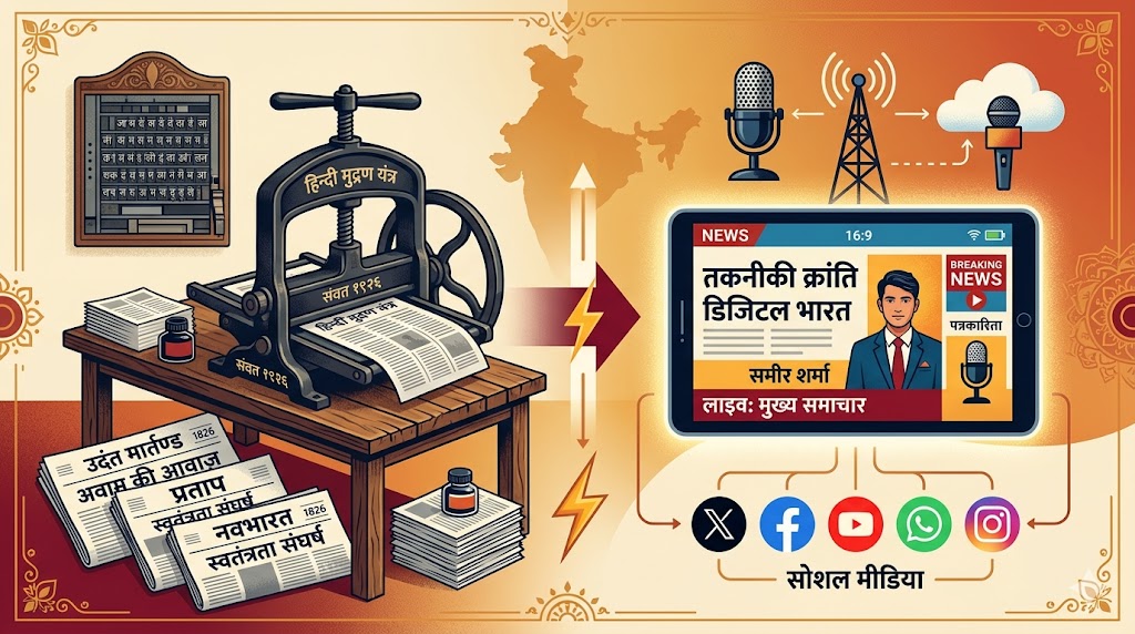 1826 के उदन्त मार्तण्ड से लेकर डिजिटल और AI युग तक हिंदी पत्रकारिता की 200 वर्षों की यात्रा, संघर्ष, विकास और चुनौतियों का विस्तृत विश्लेषण।
