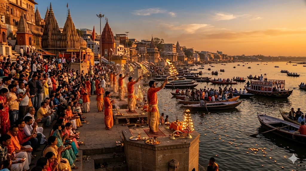 गंगा नदी के किनारे वाराणसी के घाटों का दृश्य दशाश्वमेध घाट पर शाम की गंगा आरती काशी विश्वनाथ मंदिर का स्वर्ण शिखर बनारस की गलियों में धार्मिक चित्रकारी गंगा में नाव विहार करते श्रद्धालु