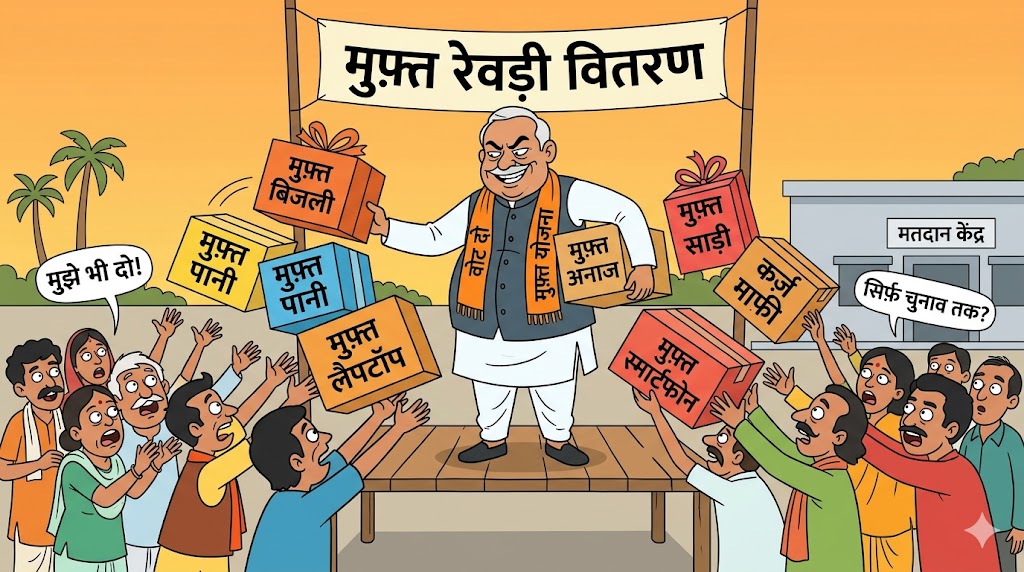 यह व्यंग्य चुनावी तोहफों और फ्रीबीज राजनीति की उस विडंबना को उजागर करता है, जहाँ वादों की फेहरिस्त से जन्मे तोहफे मतदाताओं को लुभाते हैं और लोकतंत्र को एक अलग ही दिशा में ले जाते हैं।