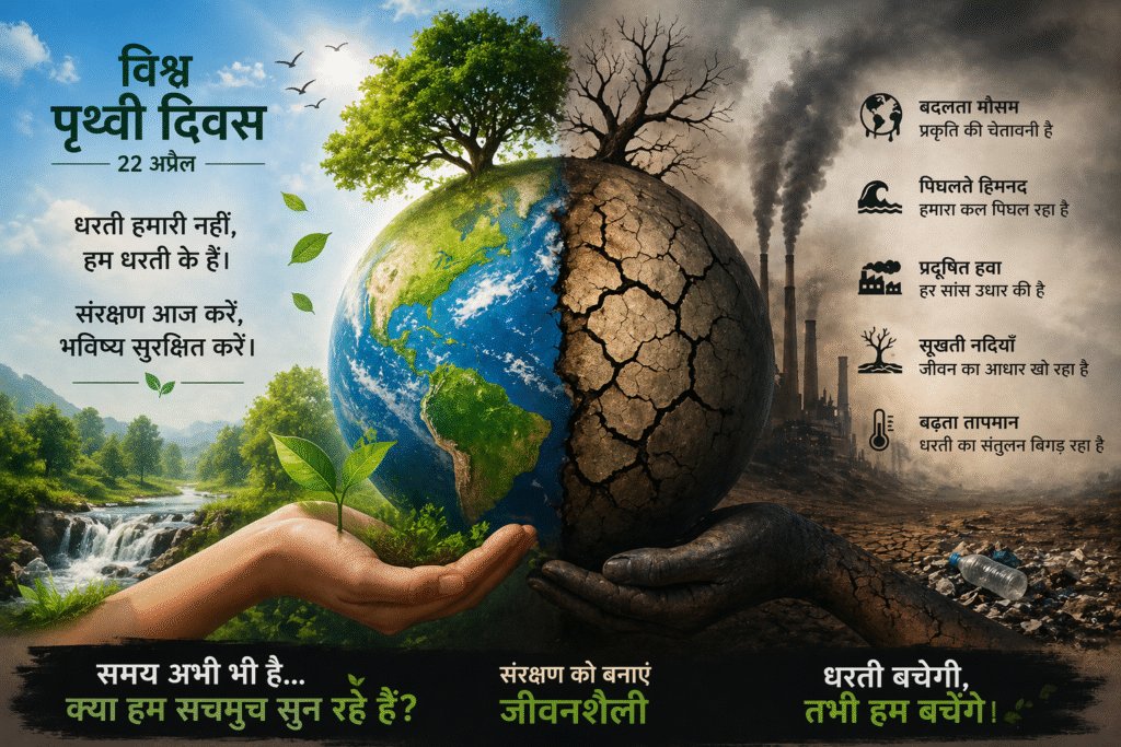 धरती का आधा हिस्सा हरा-भरा और आधा प्रदूषित दिखाता हुआ मिनिमलिस्ट चित्र, जो पर्यावरण संकट को दर्शाता है