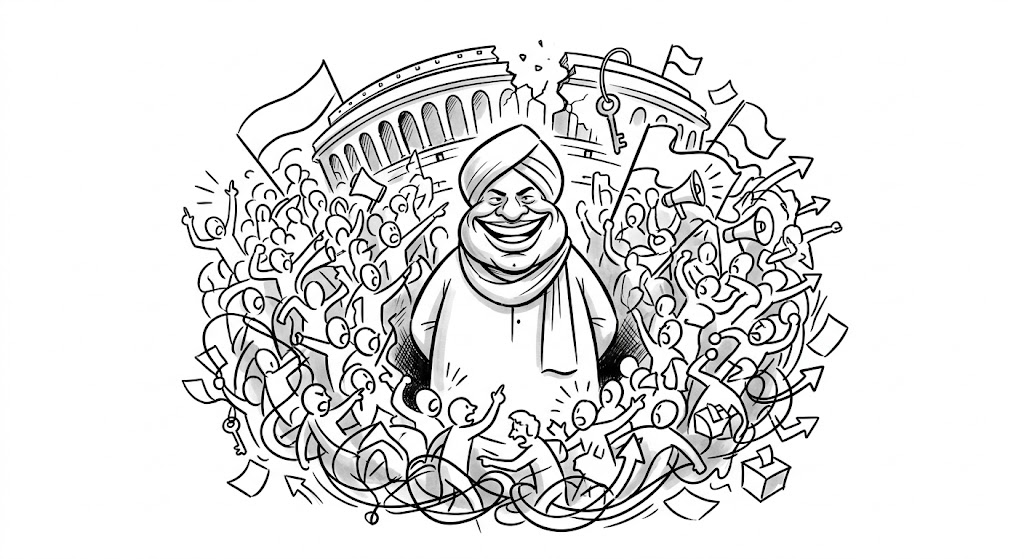 भारतीय राजनीति और बेशर्मी पर व्यंग्यात्मक कार्टून जिसमें नेता, भीड़ और सत्ता के प्रतीक दिखाए गए हैं