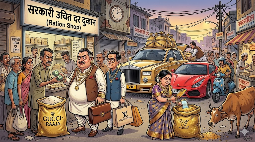 लग्ज़री कार के साथ खड़ा बीपीएल कार्डधारी व्यक्ति राशन की दुकान पर भीड़ और अमीर दिखते गरीब भारतीय समाज में फर्जी गरीबी का व्यंग्य चित्रण