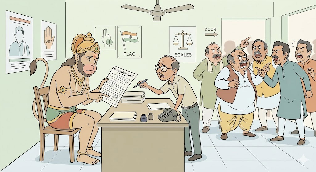 हनुमान जी चुनाव कार्यालय में फॉर्म भरते हुए, जाति कॉलम देखकर उलझन में