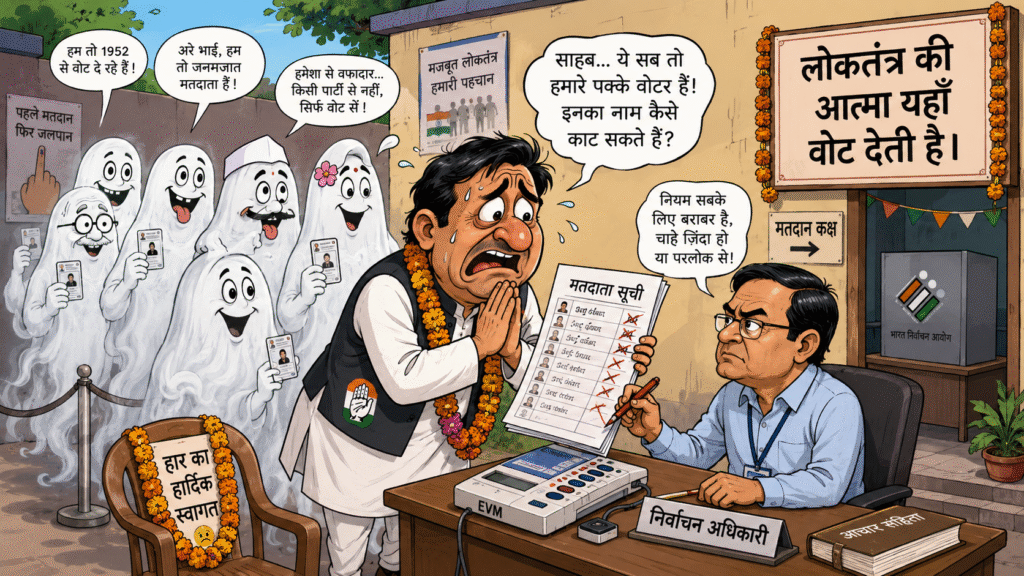 वोटर लिस्ट, मृत आत्माओं और चुनावी राजनीति पर आधारित व्यंग्यात्मक चित्र, जिसमें एक हारा हुआ प्रत्याशी मृत वोटरों को अपना सबसे भरोसेमंद मतदाता बता रहा है।