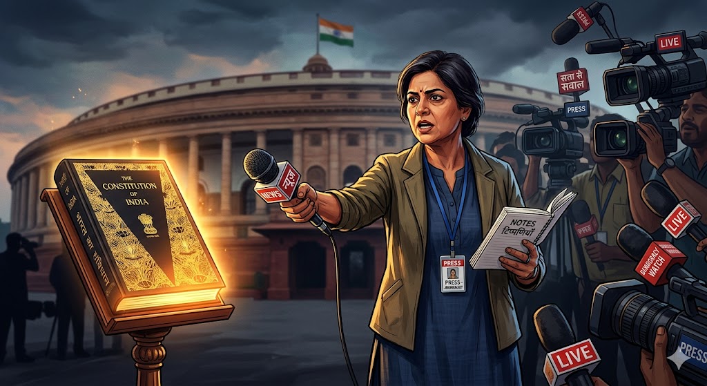 एक प्रभावशाली editorial-style digital illustration — भारतीय संसद की धुंधली पृष्ठभूमि, सामने एक निर्भीक पत्रकार माइक्रोफोन और नोटबुक के साथ सवाल पूछते हुए। एक ओर भारतीय संविधान की प्रति चमकती हुई, दूसरी ओर कैमरे, प्रेस कार्ड और समाचार चैनलों के प्रतीक। वातावरण लोकतंत्र, अभिव्यक्ति की स्वतंत्रता और सत्ता से सवाल पूछने की भावना को दर्शाए। शैली semi-realistic, cinematic lighting, intellectual mood, minimal clutter, symbolic composition।