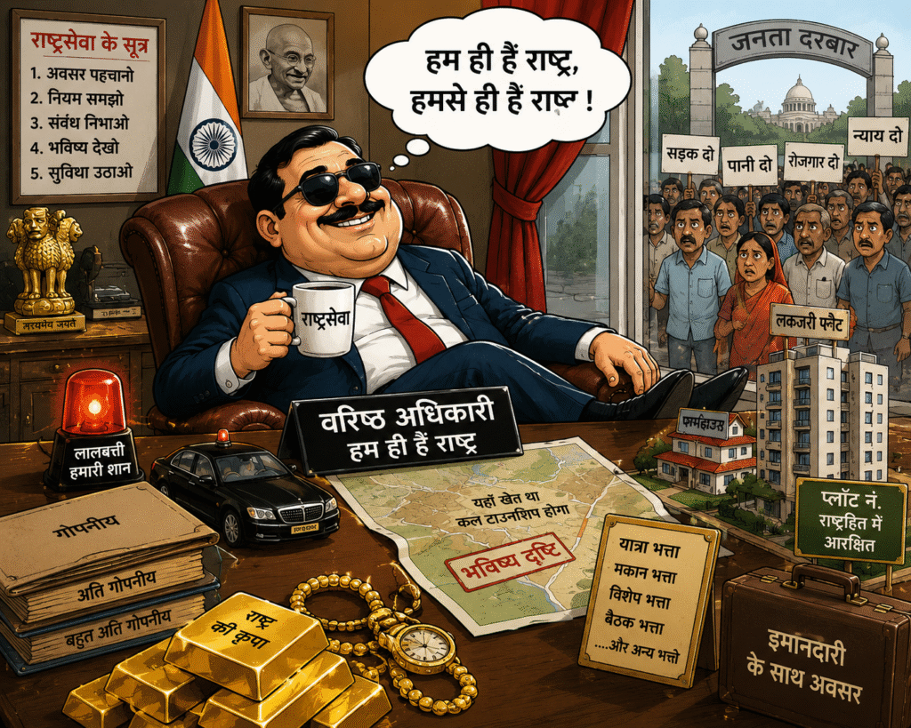 एक व्यंग्यात्मक कार्टून जिसमें एक वरिष्ठ अधिकारी आलीशान सरकारी बंगले में बैठकर राष्ट्रसेवा की बातें कर रहा है, जबकि उसके आसपास संपत्ति, लालबत्ती और विशेष सुविधाओं के प्रतीक दिखाई दे रहे हैं।