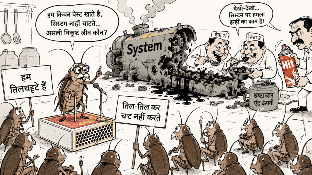 सिस्टम पर व्यंग्य करता कार्टून, जिसमें कॉकरोचों की बैठक चल रही है और मानव नेता टूटे सिस्टम को चट करते हुए कॉकरोचों को दोष दे रहे हैं।