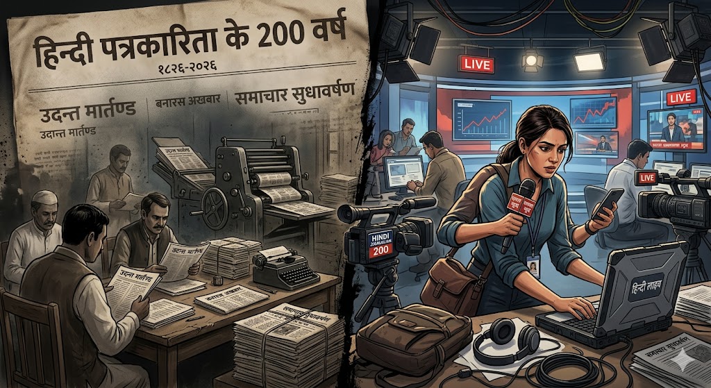 एक गंभीर लेकिन प्रभावशाली डिजिटल इलस्ट्रेशन — एक पुराने हिंदी अखबार का आधा हिस्सा धुंधला और पुरुष प्रधान दिखे, जबकि दूसरे हिस्से में आधुनिक महिला पत्रकार कैमरा, माइक्रोफोन और लैपटॉप के साथ संघर्ष करती दिखाई दे। पृष्ठभूमि में न्यूज़रूम, प्रेस मशीनें और “200 Years of Hindi Journalism” का प्रतीकात्मक दृश्य। शैली semi-realistic editorial art, minimal clutter, cinematic lighting, हिंदी पत्रकारिता का भावनात्मक और वैचारिक संघर्ष उभरता हुआ।