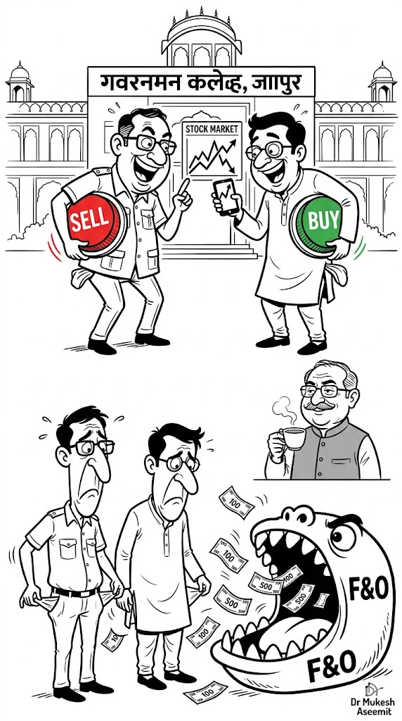 Two funny government college lecturers with exaggerated faces standing outside a large government college building in Jaipur. One lecturer is holding a giant red "SELL" button while the other is holding a giant green "BUY" button. Both look excited while staring at a stock market screen showing huge ups and downs. In the next visual moment, both are shown with long sad faces, empty pockets turned inside out, and flying currency notes disappearing into a giant monster labeled "F&O". Behind them, a smiling principal watches knowingly while holding a cup of tea. Humorous satire on government employees chasing quick riches in stock market speculation.