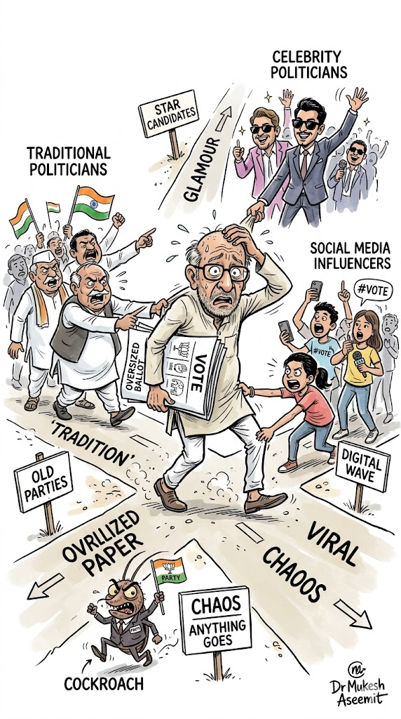 भारतीय मतदाता विभिन्न राजनीतिक विकल्पों के बीच खड़ा भविष्य की दिशा तलाशता हुआ।