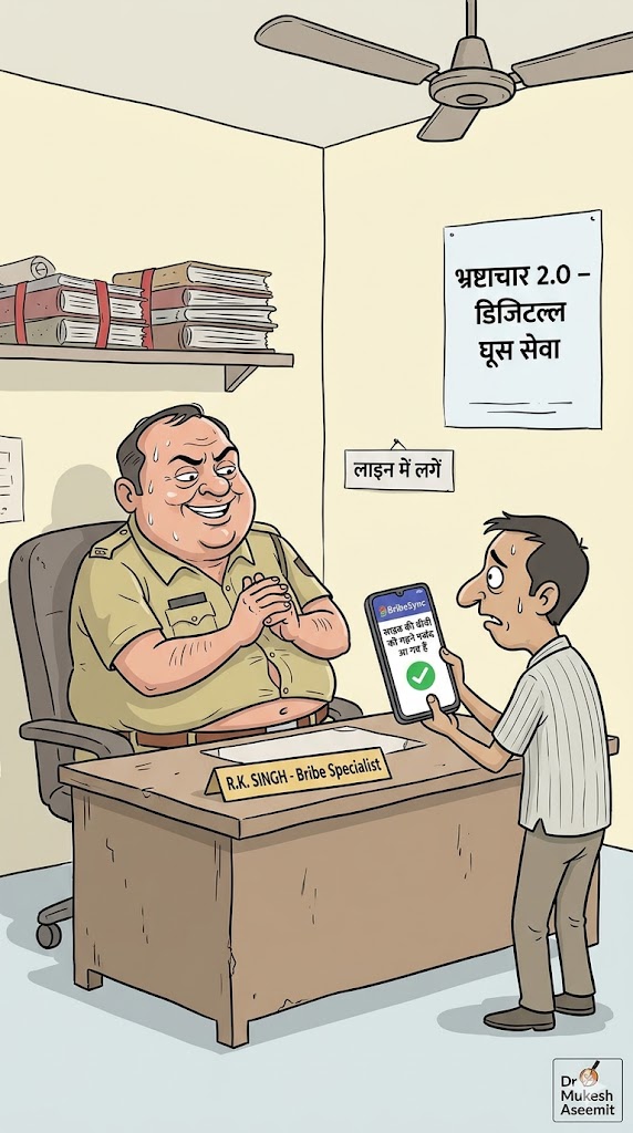 डिजिटल रिश्वत एप पर आधारित भ्रष्टाचार 2.0 का हिंदी व्यंग्य कार्टून, जिसमें अफसर मोबाइल पेमेंट से घूस ले रहा है।