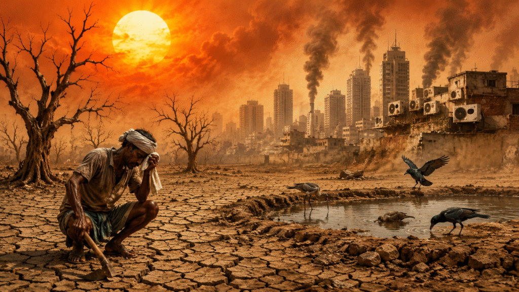 तपती धरती, सूखे पेड़ और प्रदूषित शहर के साथ पर्यावरण संकट का प्रतीकात्मक चित्र
