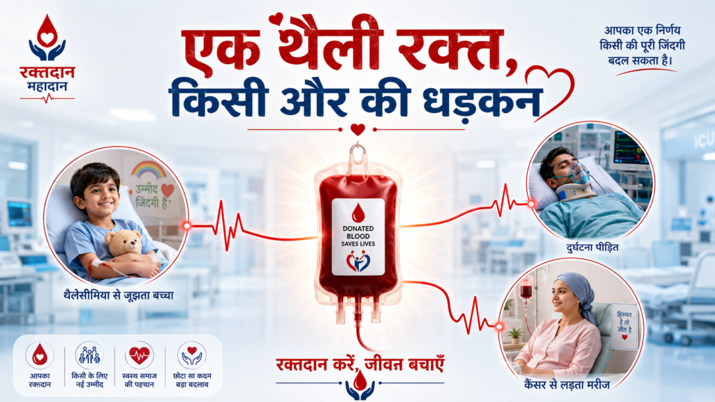 रक्तदान जागरूकता चित्र जिसमें एक रक्त की थैली कई जरूरतमंद मरीजों की धड़कनों की उम्मीद बनती दिखाई गई है।