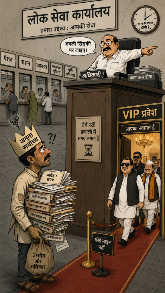 भारत के संविधान में जनता की सर्वोच्चता और सरकारी कार्यालयों में नागरिक की व्यावहारिक बेबसी के अंतर को दर्शाता संपादकीय चित्र।