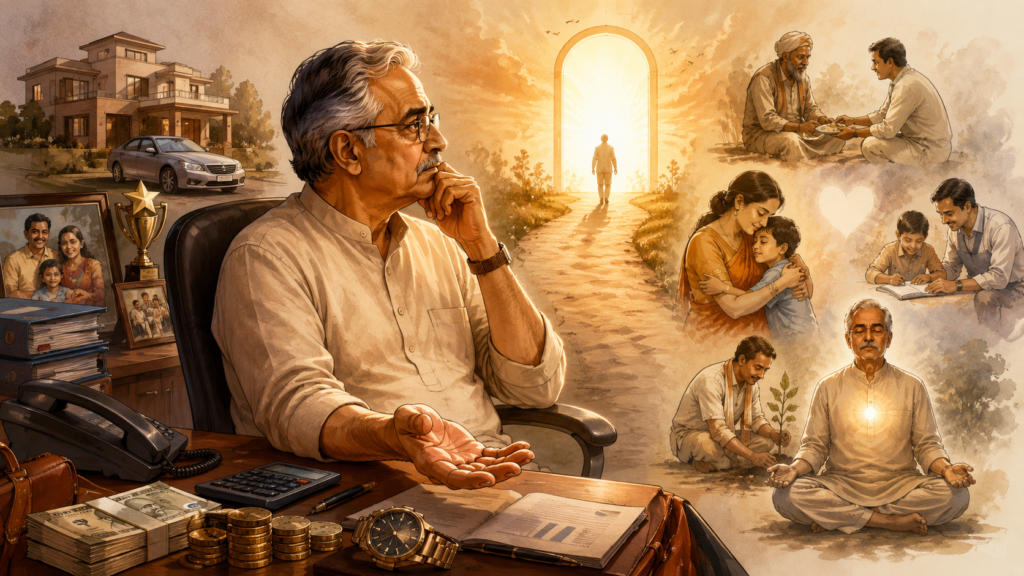 सेवानिवृत्ति के निकट पहुँचा एक व्यक्ति अपने कार्यालय और जीवन की कमाई का हिसाब लगाते हुए सोच रहा है कि मृत्यु के बाद वह धन, घर और पद में से कुछ भी साथ नहीं ले जा सकेगा।