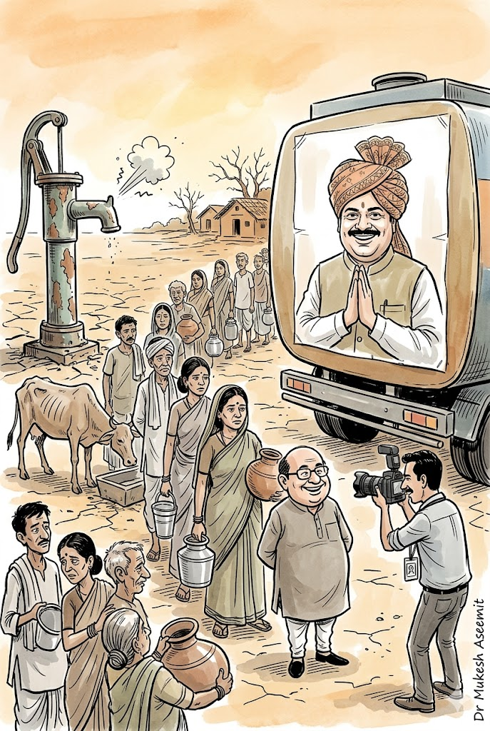 सूखे से जूझते गांव में एक खराब हैंडपंप के पास खाली मटके लिए ग्रामीण खड़े हैं, जबकि पास में नेता की तस्वीर लगा पानी रहित टैंकर प्रचार के लिए खड़ा है।