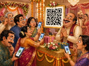 विवाह समारोह की टेबल पर लटका क्यू आर कोड !