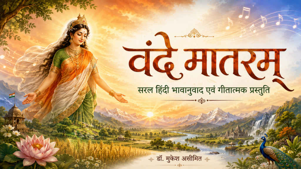 भारत माता के प्रतीकात्मक स्वरूप के साथ हरे-भरे खेत, नदियाँ, पर्वत, कमल, मोर और उगते सूर्य की पृष्ठभूमि में वंदे मातरम् गीत की संगीतमय प्रस्तुति।
