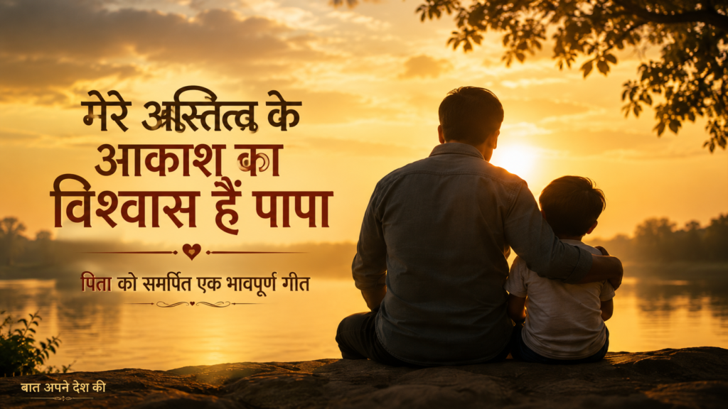 Father and son sitting by a lake at sunset, emotional Hindi feature image, warm golden light, heartfelt mood, elegant Hindi title text, blog feature image style.