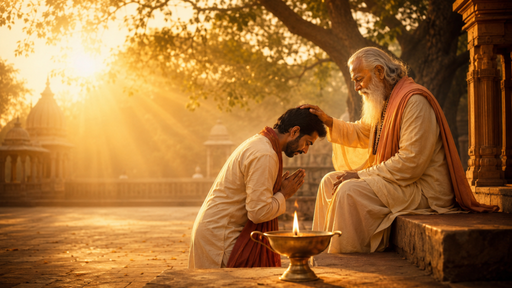 गुरु से आशीर्वाद प्राप्त करता शिष्य और जलता हुआ ज्ञान का दीपक—गुरु मेरे दीपक गुरु दयालागुरु से आशीर्वाद प्राप्त करता शिष्य और जलता हुआ ज्ञान का दीपक—गुरु मेरे दीपक गुरु दयाला