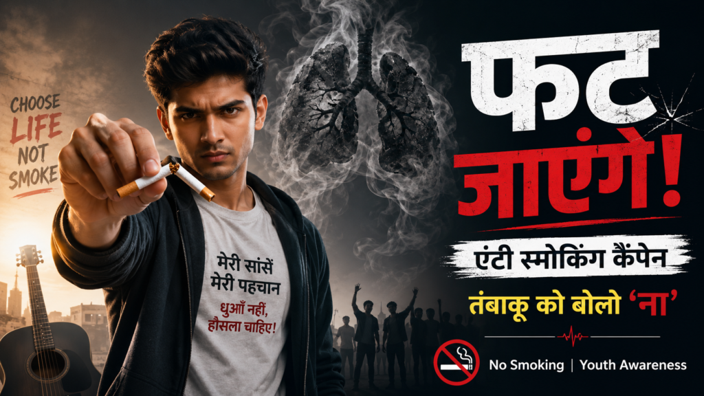 सिगरेट तोड़ता हुआ युवा और धुएँ से बने क्षतिग्रस्त फेफड़े, फट जाएंगे एंटी-स्मोकिंग रैप गीत एवं युवा जागरूकता अभियान