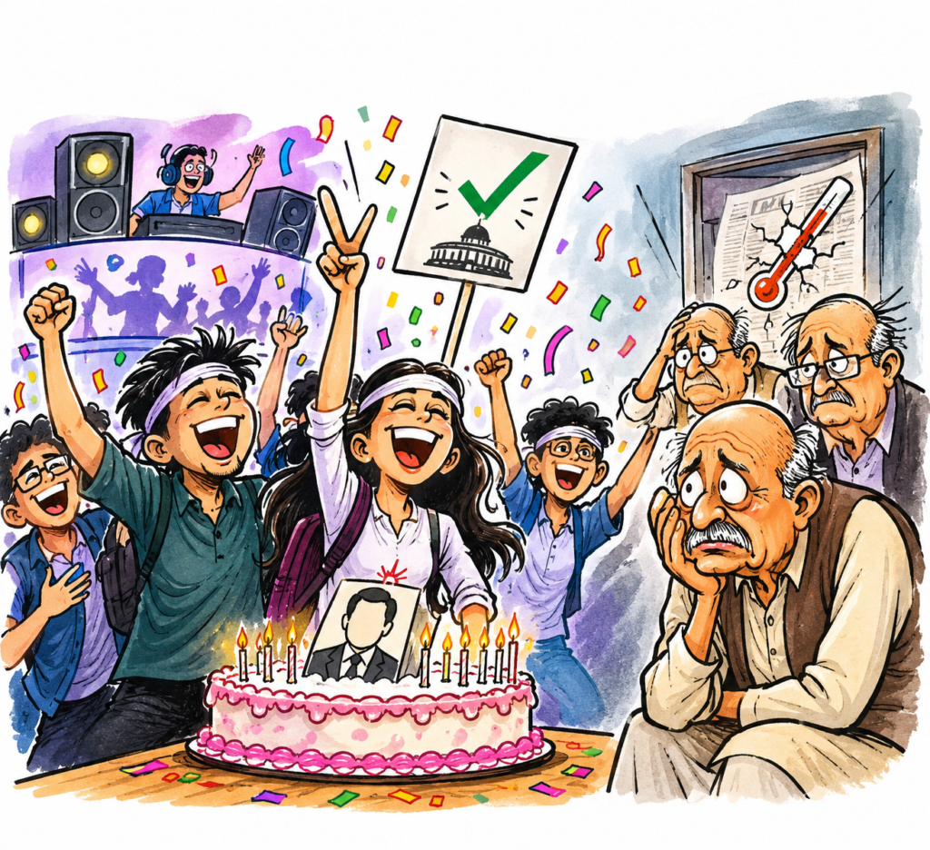 पेपर लीक आंदोलन के बाद इस्तीफ़े का जश्न मनाते, केक काटते और सेल्फी लेते ज़ेन ज़ी युवा; दूसरी ओर चिंतित और नाराज़ बुज़ुर्गों का व्यंग्यात्मक कार्टून रेखाचित्र।
