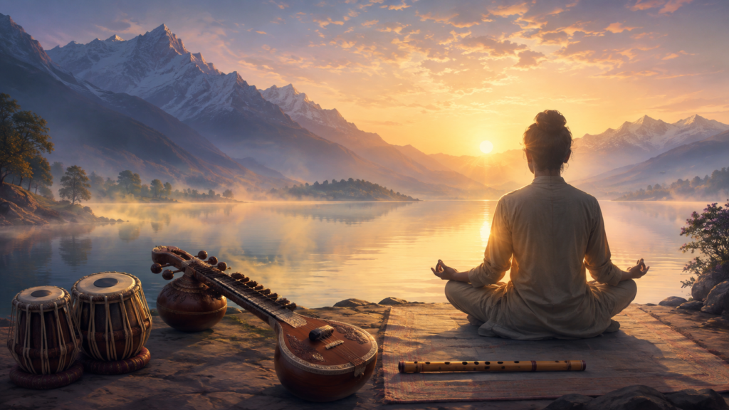 हिमालयी झील के किनारे सूर्योदय के समय ध्यान करता योग-साधक, पास में बांसुरी, वीणा और तबला।