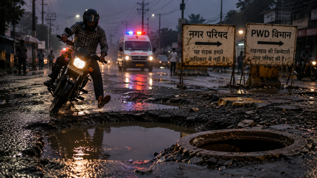 टूटी सड़क, गहरा गड्ढा और खुला मैनहोल, जिनके कारण सड़क दुर्घटना का खतरा दर्शाता एक प्रतीकात्मक दृश्य।
