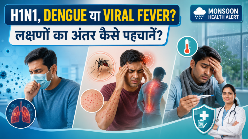 H1N1, Dengue और Viral Fever के लक्षणों—खांसी, मच्छर, शरीर दर्द, सिरदर्द और बुखार—की तुलना दर्शाती medical image