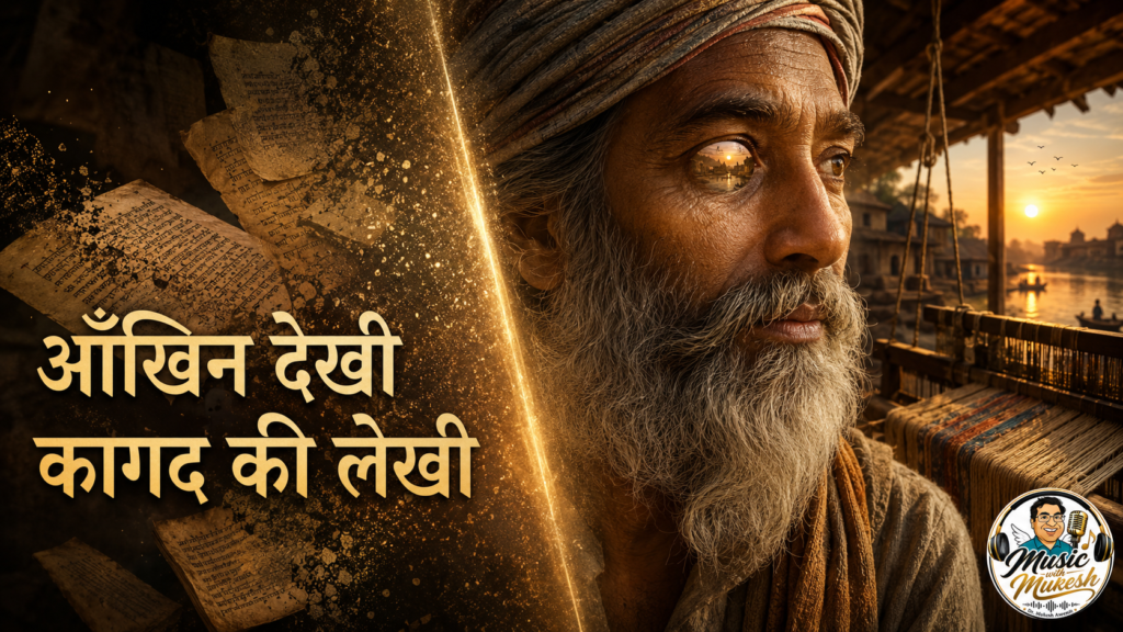 आँखिन देखी और कागद की लेखी दर्शाती कबीर भजन मेरा तेरा मनुआ रे की फीचर इमेज