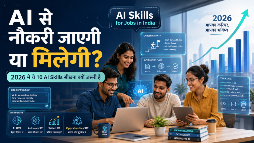 AI skills for jobs in India 2026 showing Indian professionals learning artificial intelligence and future job skills