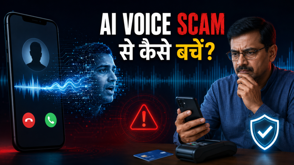 मोबाइल फोन से आती AI-generated नकली आवाज और भुगतान करने से पहले कॉल की सत्यता जाँचता भारतीय व्यक्ति