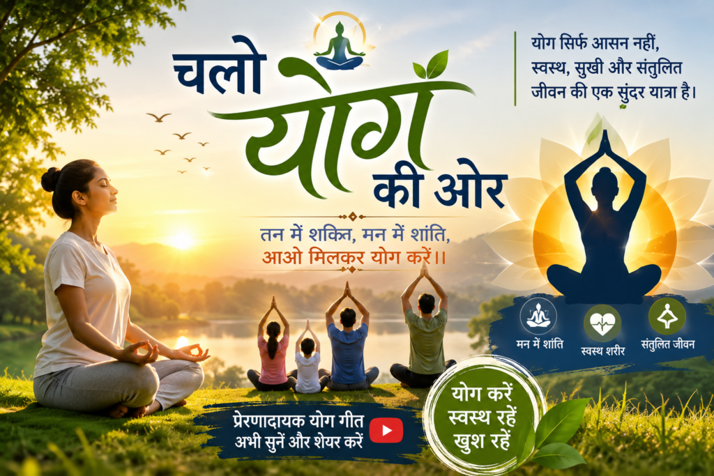 सूर्योदय की शांत प्राकृतिक पृष्ठभूमि में योग और ध्यान करते लोग, साथ में “चलो योग की ओर” संदेश और स्वस्थ तन, शांत मन तथा संतुलित जीवन की प्रेरणा।