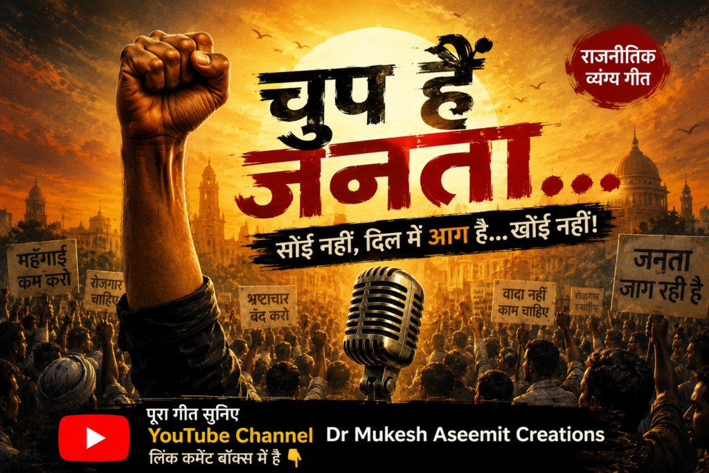 “चुप हैं जनता…” राजनीतिक व्यंग्य गीत का पोस्टर, जिसमें उठी हुई मुट्ठी, माइक्रोफोन और जागरूक जनता की भीड़ दिखाई गई है।