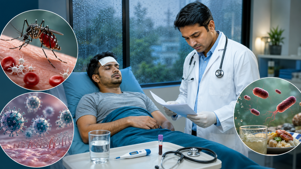 मानसून में बुखार से पीड़ित मरीज की जांच करते डॉक्टर के साथ Dengue mosquito, Typhoid bacteria और Viral Fever को दर्शाती मेडिकल तस्वीर।