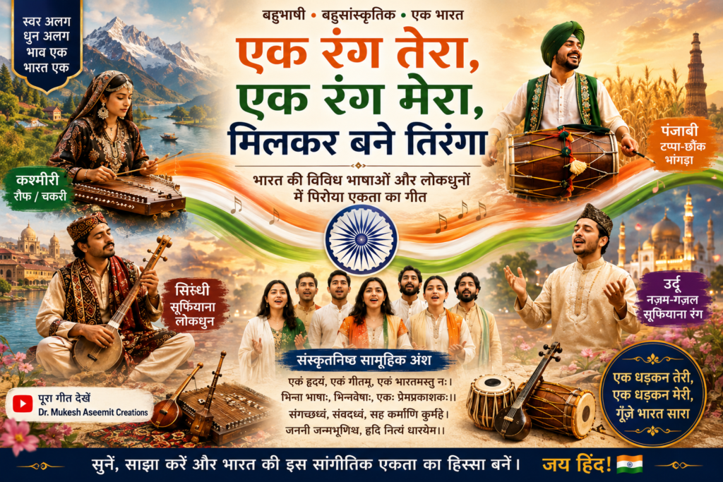 भारत की विविध भाषाओं और लोकसंगीत को दर्शाती बहुभाषी देशभक्ति गीत “एक रंग तेरा, एक रंग मेरा” की सांगीतिक feature image।
