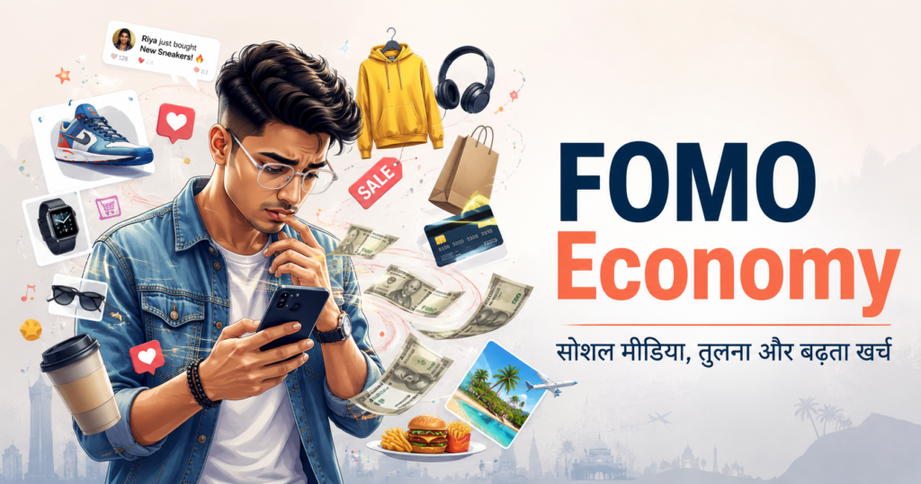 FOMO Economy को दर्शाती फीचर इमेज, जिसमें एक युवा स्मार्टफोन देखते हुए सोशल मीडिया, सेल ऑफर, फैशन, गैजेट्स, ट्रैवल और बढ़ते खर्च के दबाव से घिरा दिखाई दे रहा है।
