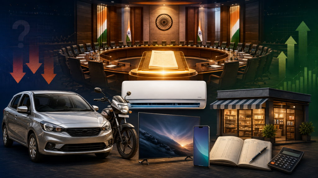GST Council Meeting 2026 के प्रतीकात्मक दृश्य में कार, बाइक, AC, TV, स्मार्टफोन और छोटे व्यापार पर संभावित GST प्रभाव।