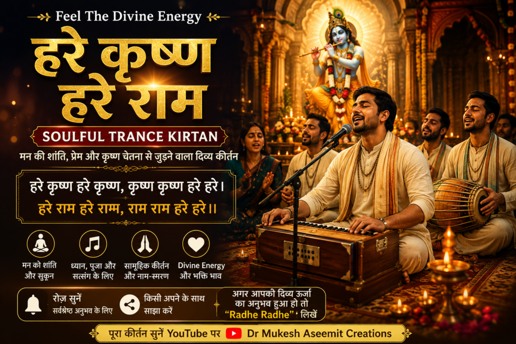हरे कृष्ण हरे राम Soulful Trance Kirtan में भगवान श्रीकृष्ण, मंदिर में कीर्तन करते भक्त और भक्ति-संगीत का दिव्य वातावरण