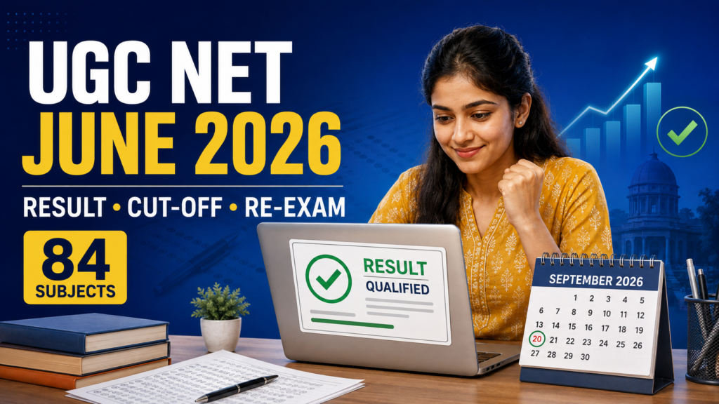 UGC NET June 2026 Result, Cut-off और Re-exam की जानकारी दर्शाती छात्रा, लैपटॉप और 84 Subjects वाली feature image