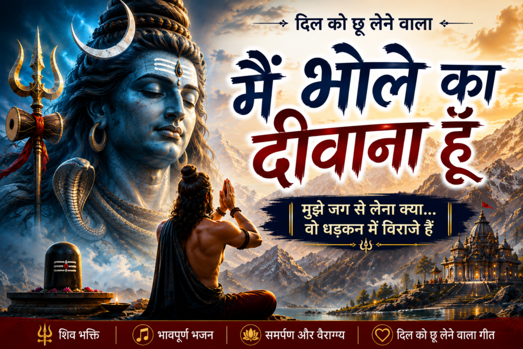 भगवान शिव, शिवलिंग और प्रार्थना में लीन भक्त के साथ हिमालयी पृष्ठभूमि में “मैं भोले का दीवाना हूँ” शिव भजन की भावपूर्ण फीचर इमेज।
