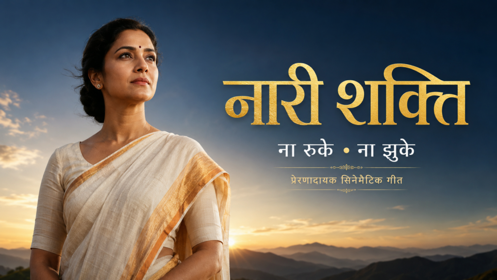 उगते सूर्य के सामने आत्मविश्वास से खड़ी भारतीय नारी और नारी शक्ति ना रुके ना झुके गीत का शीर्षक