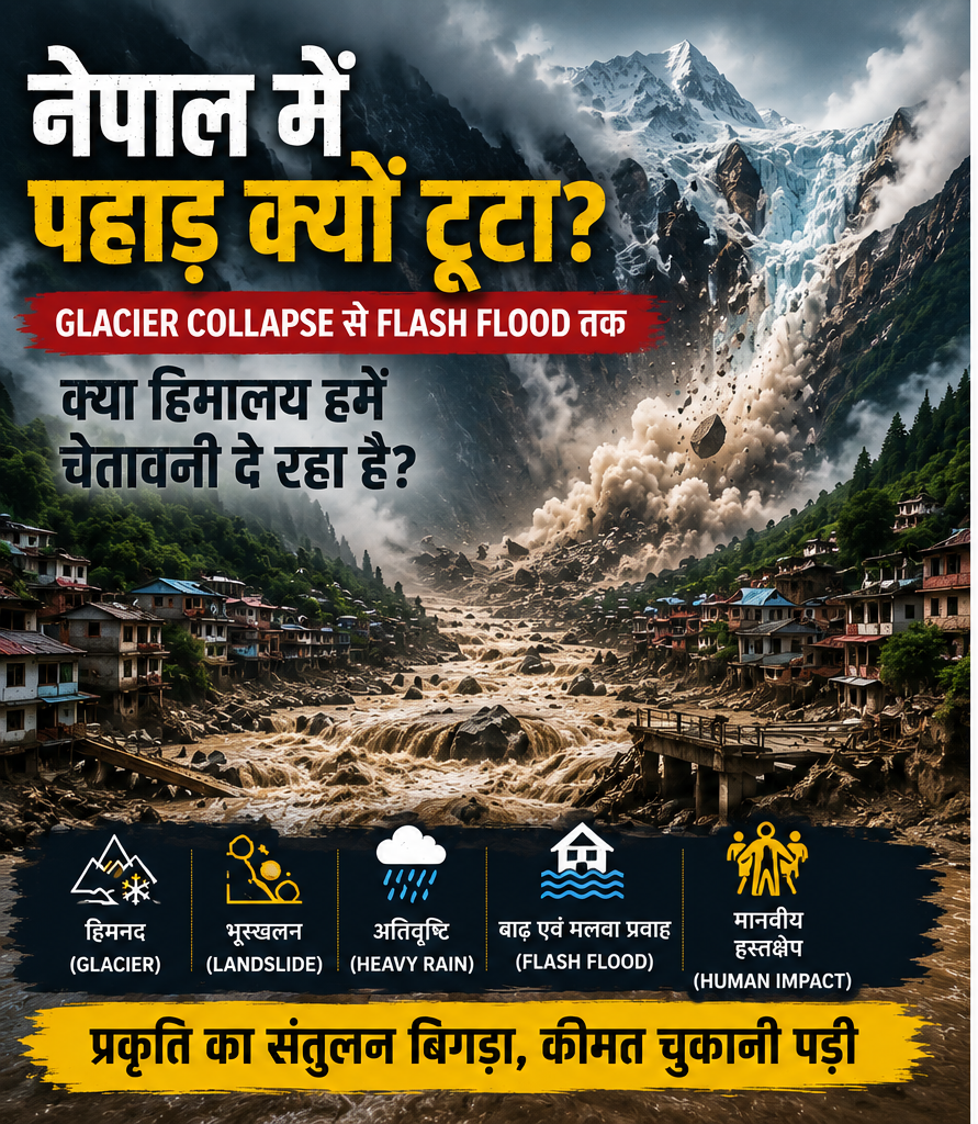 नेपाल की हिमालयी घाटी में glacier collapse, landslide और flash flood से हुई विनाशकारी प्राकृतिक आपदा को दर्शाती प्रतीकात्मक तस्वीर।