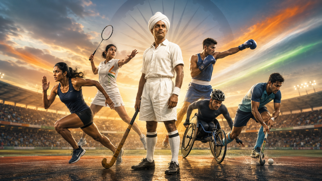 मेजर ध्यानचंद की विरासत के साथ हॉकी, एथलेटिक्स, बैडमिंटन, मुक्केबाजी और पैरा-स्पोर्ट्स में भारत की उपलब्धियाँ दर्शाती राष्ट्रीय खेल दिवस की फीचर इमेज।