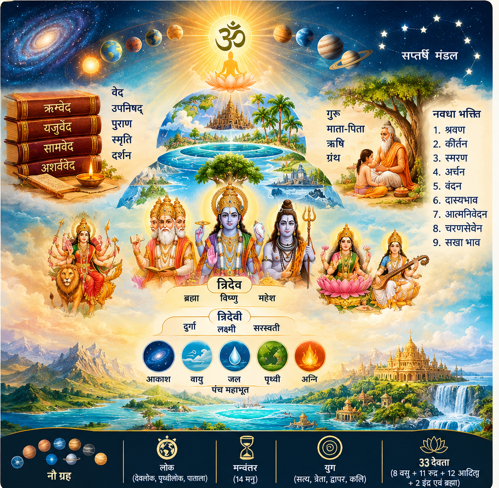 सनातन धर्म का समग्र दर्शन दर्शाती फीचर इमेज जिसमें वेद, उपनिषद, त्रिदेव, त्रिदेवी, पंचमहाभूत, नवधा भक्ति, सप्तर्षि और नवग्रह दर्शाए गए हैं।